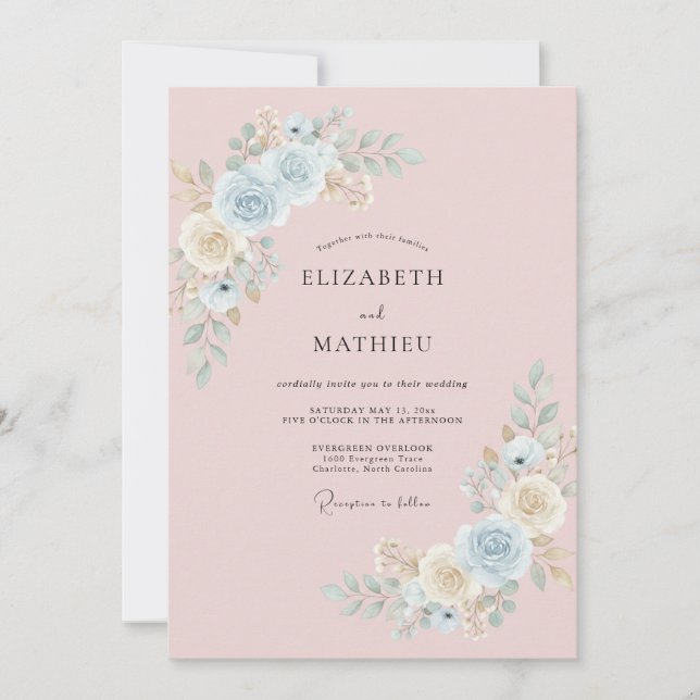 Invitación Boda Acuarela Caprichosa de Rosa Polvorienta (Anverso)