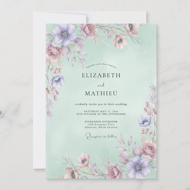 Invitación Boda acuarela celadón malva (Anverso)