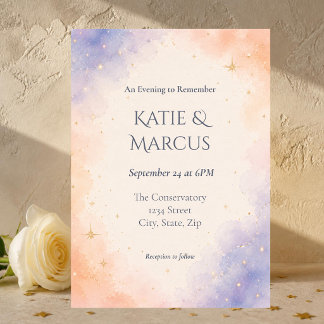 Invitación Boda acuarela celestial de color malva y melocotón
