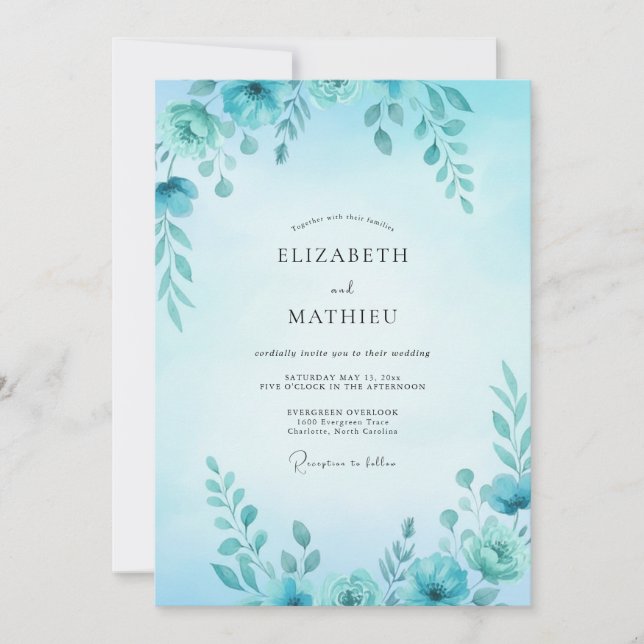 Invitación Boda Acuarela Cian con Hojas (Anverso)