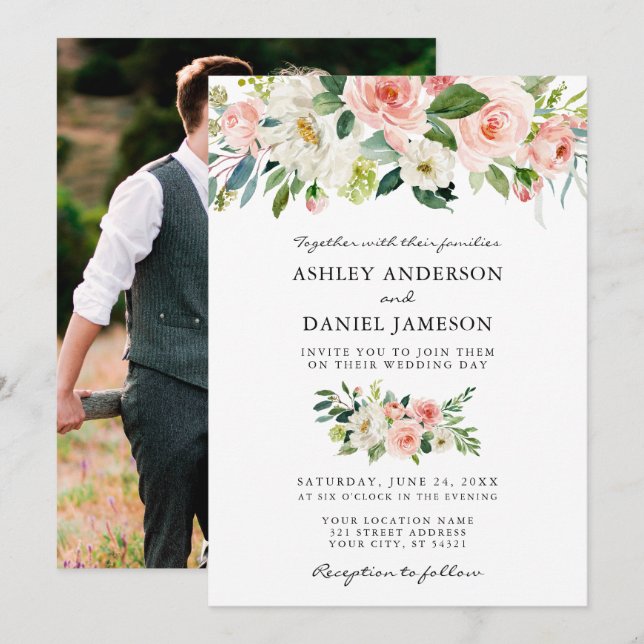 Invitación Boda acuarela color rosa foto de vuelta (Anverso / Reverso)