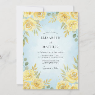 Invitación Boda acuarela con agua azul claro y limón costero