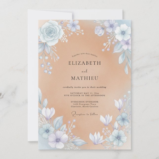Invitación Boda acuarela con champán y pervinca (Anverso)