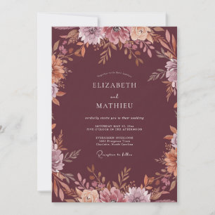 Invitación Boda acuarela con color burdeos y malva