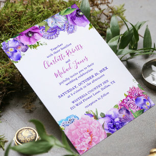 Invitación Boda acuarela con estampado paisley rosa púrpura