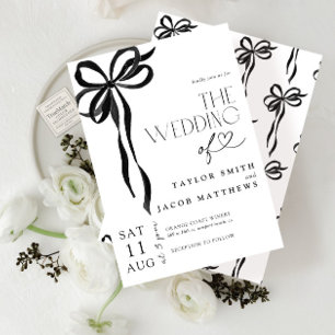 Invitación Boda Acuarela con Lazo Negro Caprichoso Moderno