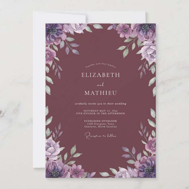 Invitación Boda acuarela con Lila Malva (Anverso)