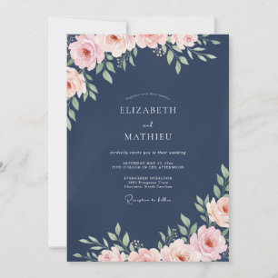Invitación Boda acuarela con melocotón y navy profundo