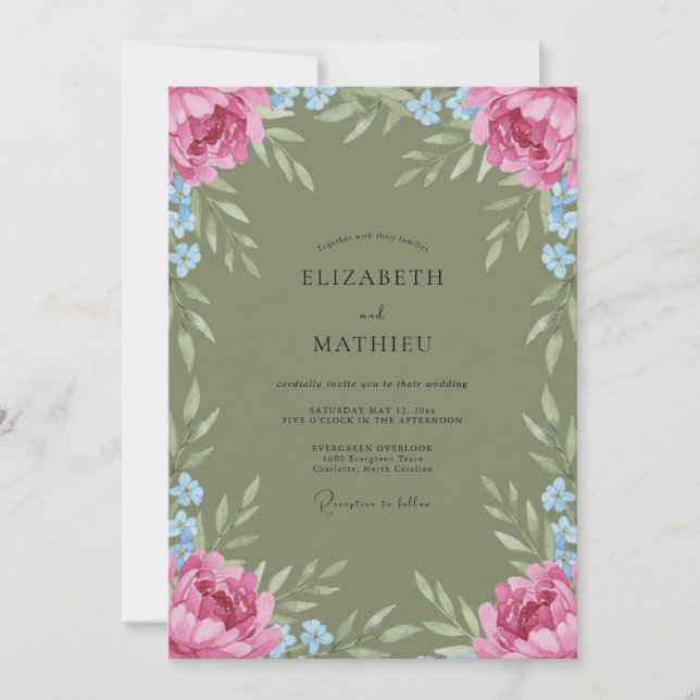 Invitación Boda acuarela con oliva rosa (Anverso)
