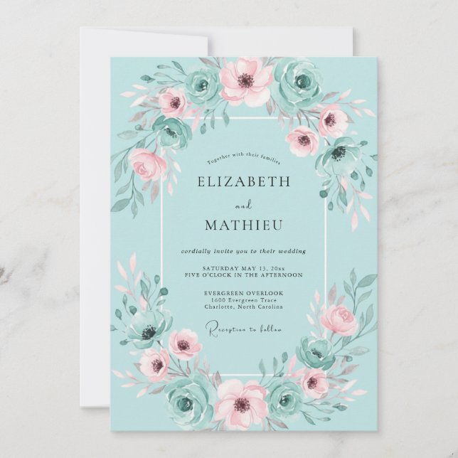 Invitación Boda acuarela con rubor Aqua (Anverso)
