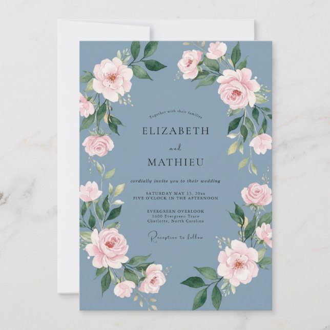 Invitación Boda acuarela con rubor de acero (Anverso)