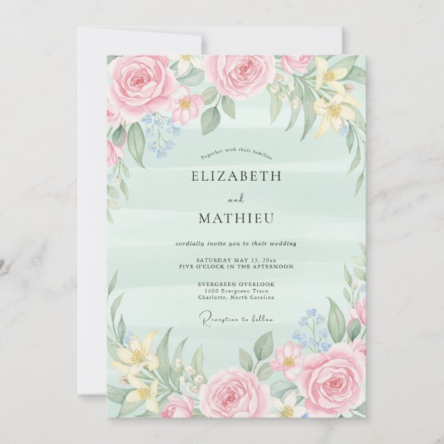 Invitación Boda acuarela con toque de menta (Anverso)