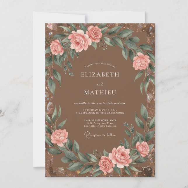 Invitación Boda acuarela con toque de mocha rosado (Anverso)