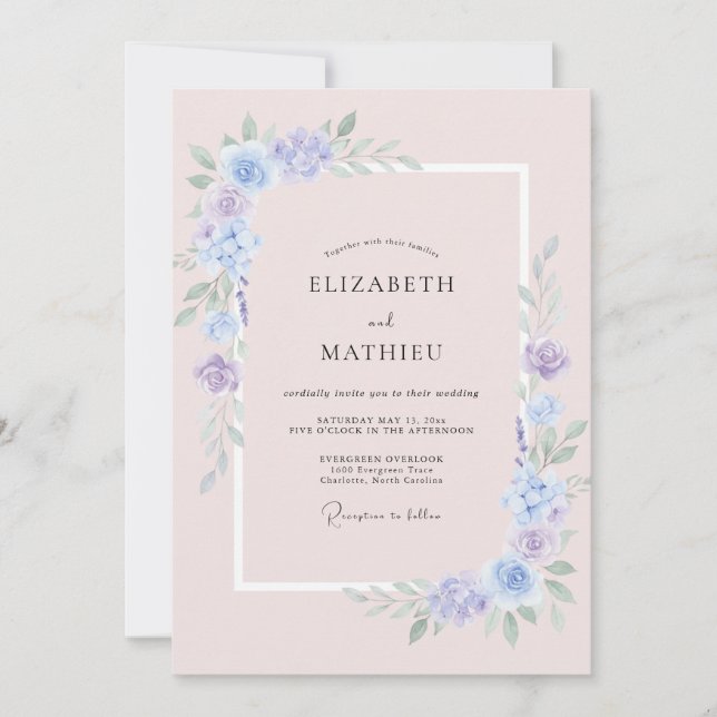 Invitación Boda acuarela con toque de pervinca (Anverso)