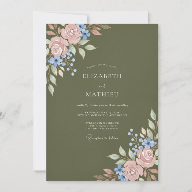 Invitación Boda acuarela con toque de rosa oliva (Anverso)