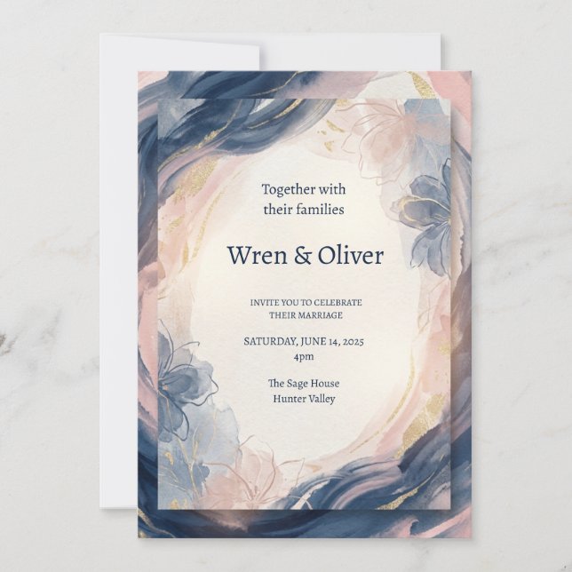 Invitación Boda acuarela con toque navy blush (Anverso)