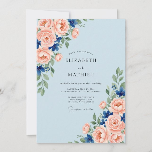 Invitación Boda acuarela coral azur (Anverso)