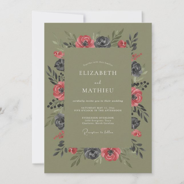 Invitación Boda acuarela Coral Oliva (Anverso)