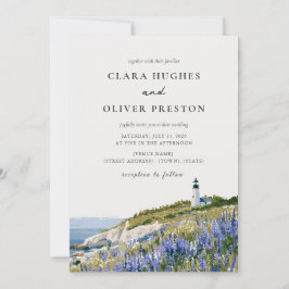 Invitación Boda acuarela costera del faro de lupino de Maine