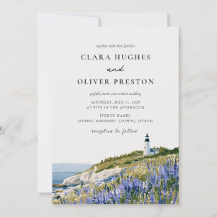 Invitación Boda acuarela costera del faro de lupino de Maine
