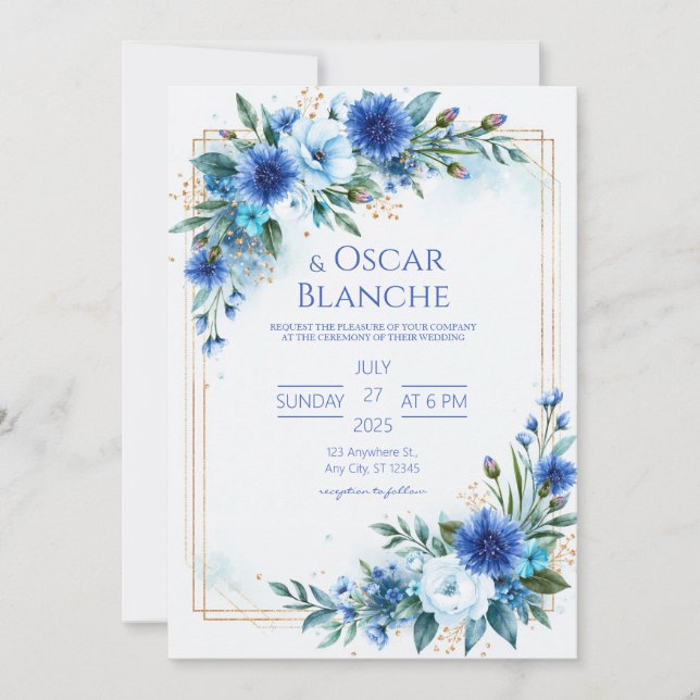 Invitación Boda acuarela de aciano cobalto (Anverso)