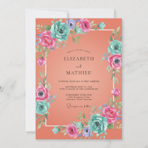 Invitación Boda acuarela de agua cian coral