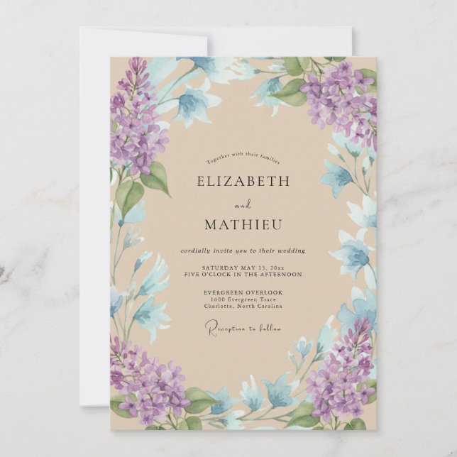Invitación Boda acuarela de agua lila (Anverso)