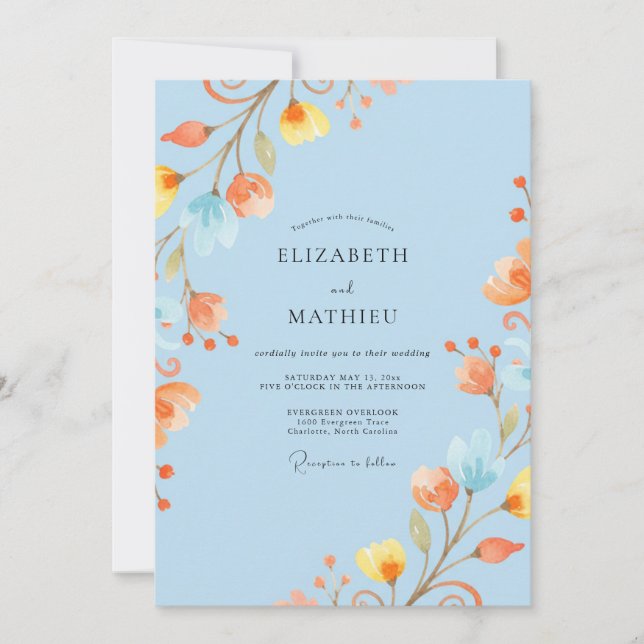 Invitación Boda acuarela de albaricoque celeste (Anverso)