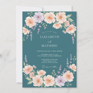 Invitación Boda acuarela de albaricoque y petróleo
