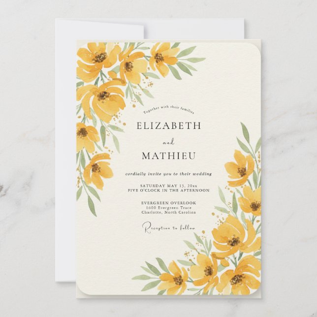 Invitación Boda acuarela de amapola dorada (Anverso)