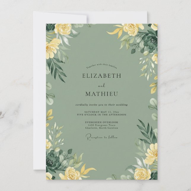 Invitación Boda acuarela de amarillo salvia (Anverso)
