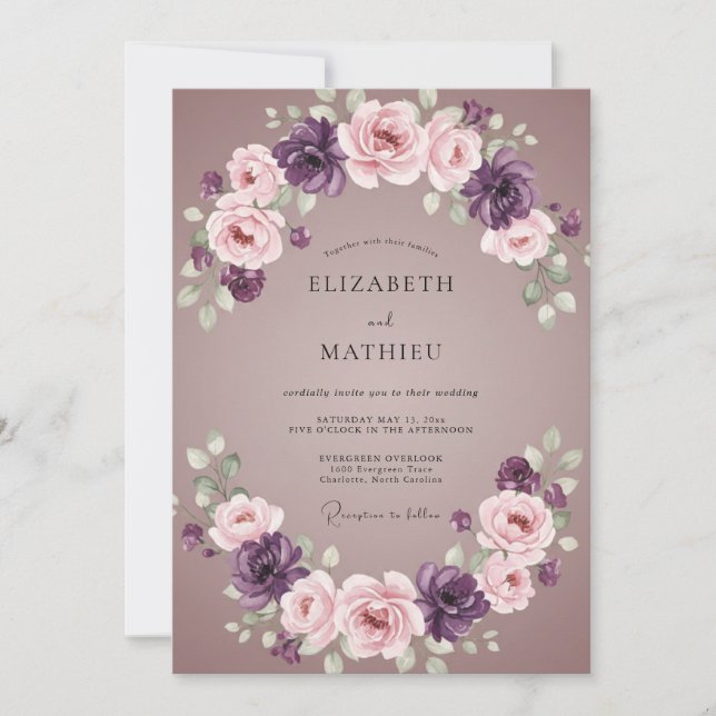 Invitación Boda acuarela de amatista malva (Anverso)