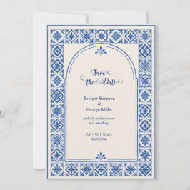 Invitación Boda acuarela de arco de azulejo azul mediterráneo