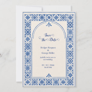 Invitación Boda acuarela de arco de azulejo azul mediterráneo