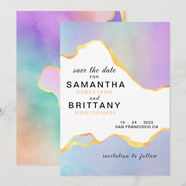Invitación Boda acuarela de arcoiris de oro LGBT salva la fec (Anverso / Reverso)