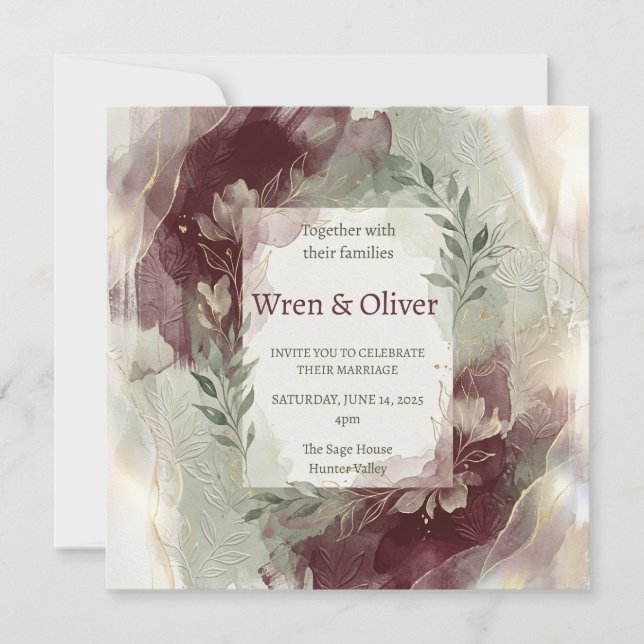 Invitación Boda acuarela de Borgoña (Anverso)