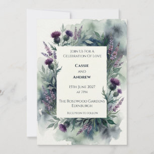Invitación Boda acuarela de cardo púrpura temperamental y bre