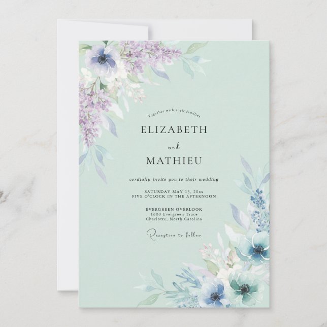 Invitación Boda acuarela de celadón y lila (Anverso)