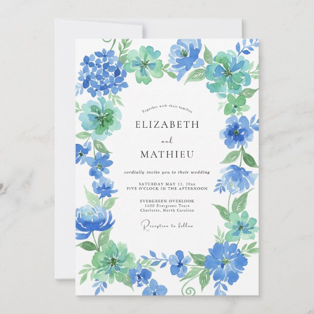 Invitación Boda acuarela de centaurea y menta (Anverso)