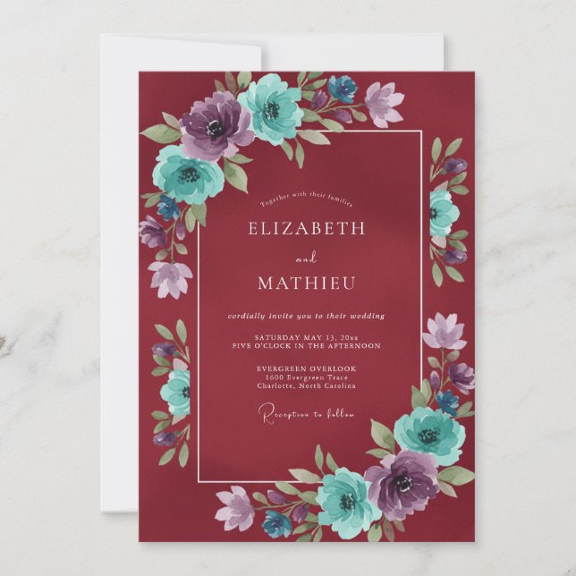 Invitación Boda acuarela de ciruela carmesí (Anverso)