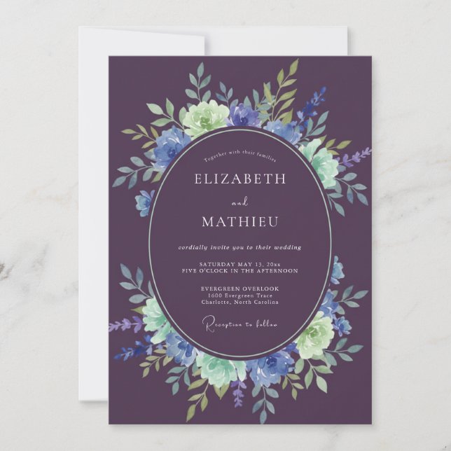 Invitación Boda acuarela de ciruela y menta (Anverso)