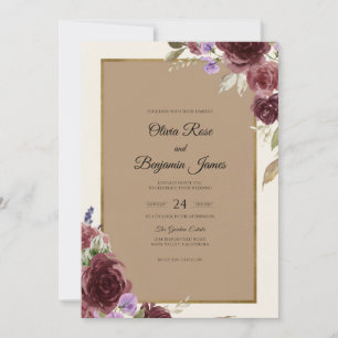 Invitación Boda acuarela de color burdeos y malva