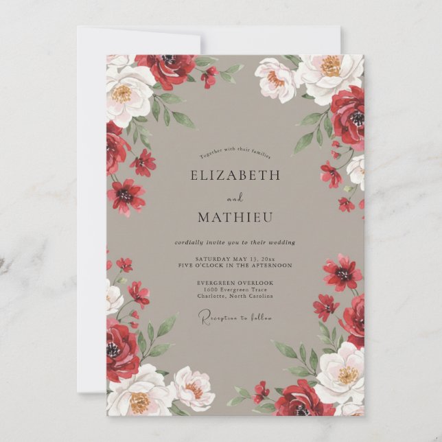 Invitación Boda acuarela de color rojo topo (Anverso)