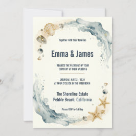 Invitación Boda Acuarela de Conchas de Playa Costera Estrella