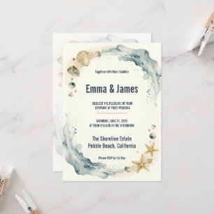 Invitación Boda Acuarela de Conchas de Playa Costera Estrella