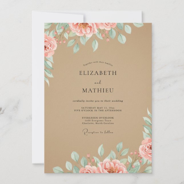 Invitación Boda acuarela de coral bronceado (Anverso)