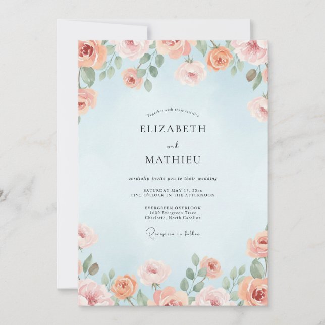 Invitación Boda acuarela de coral celeste (Anverso)