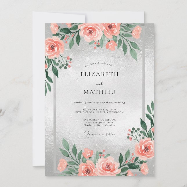 Invitación Boda acuarela de coral plateado (Anverso)