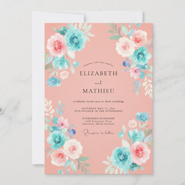 Invitación Boda acuarela de coral turquesa (Anverso)