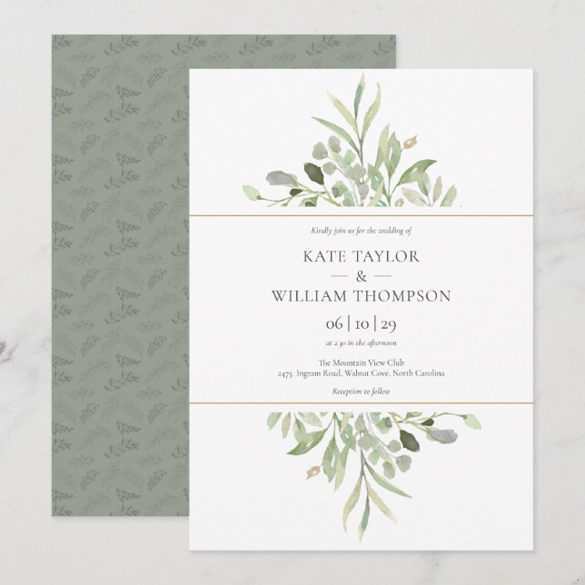 Invitación Boda acuarela de eucalipto verde botánico (Anverso / Reverso)